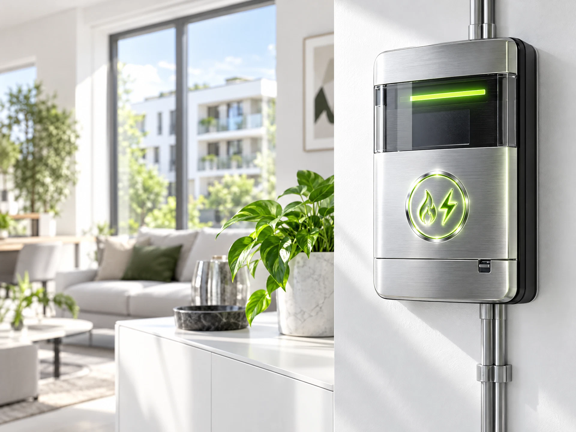 Helles Wohnambiente mit einem silbernen Smart Meter und sichtbarer Stromversorgung.