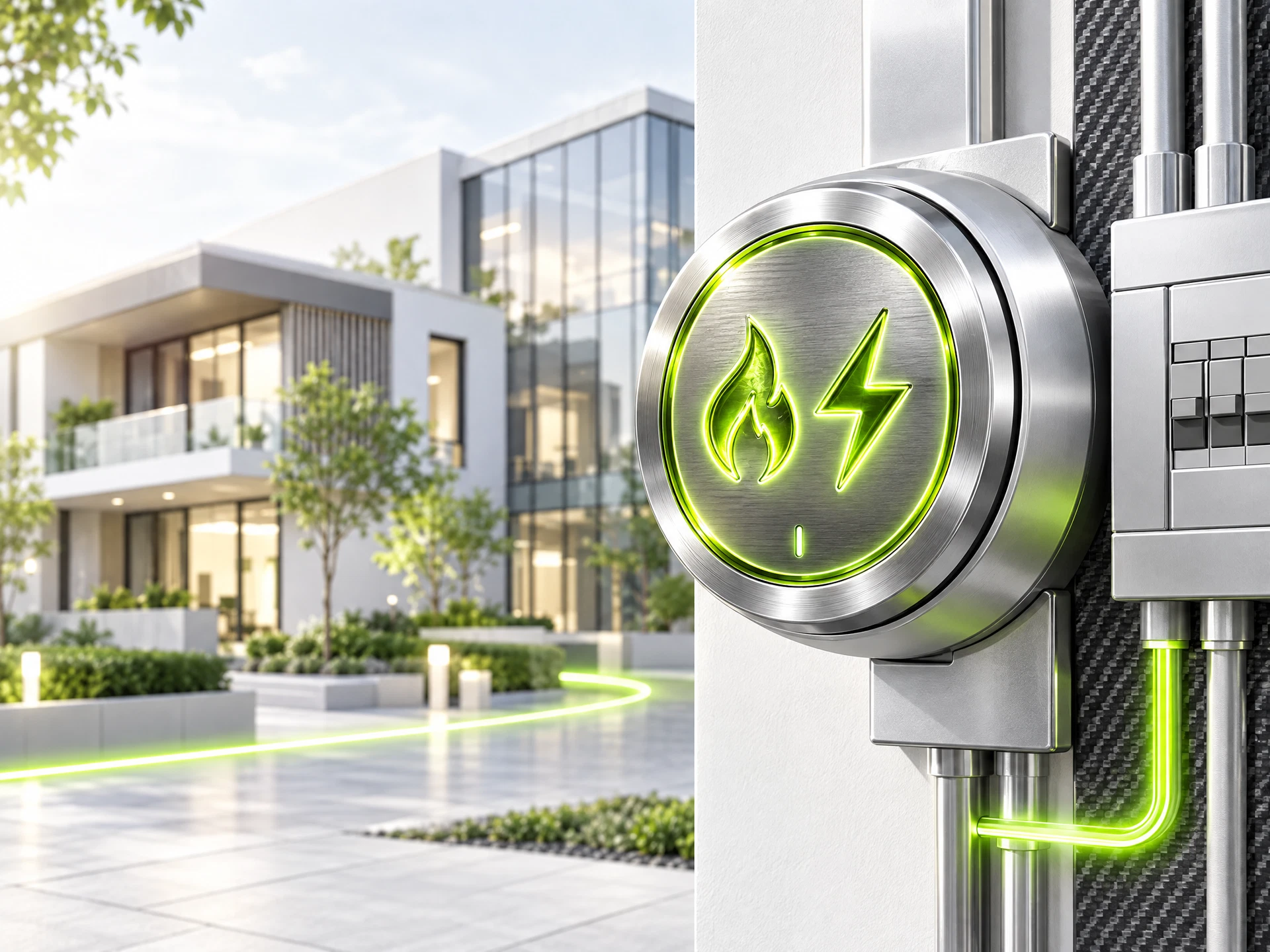 Silberner Smart Meter und geordnete Stromverteilung vor moderner Wohn- und Geschäftsarchitektur.