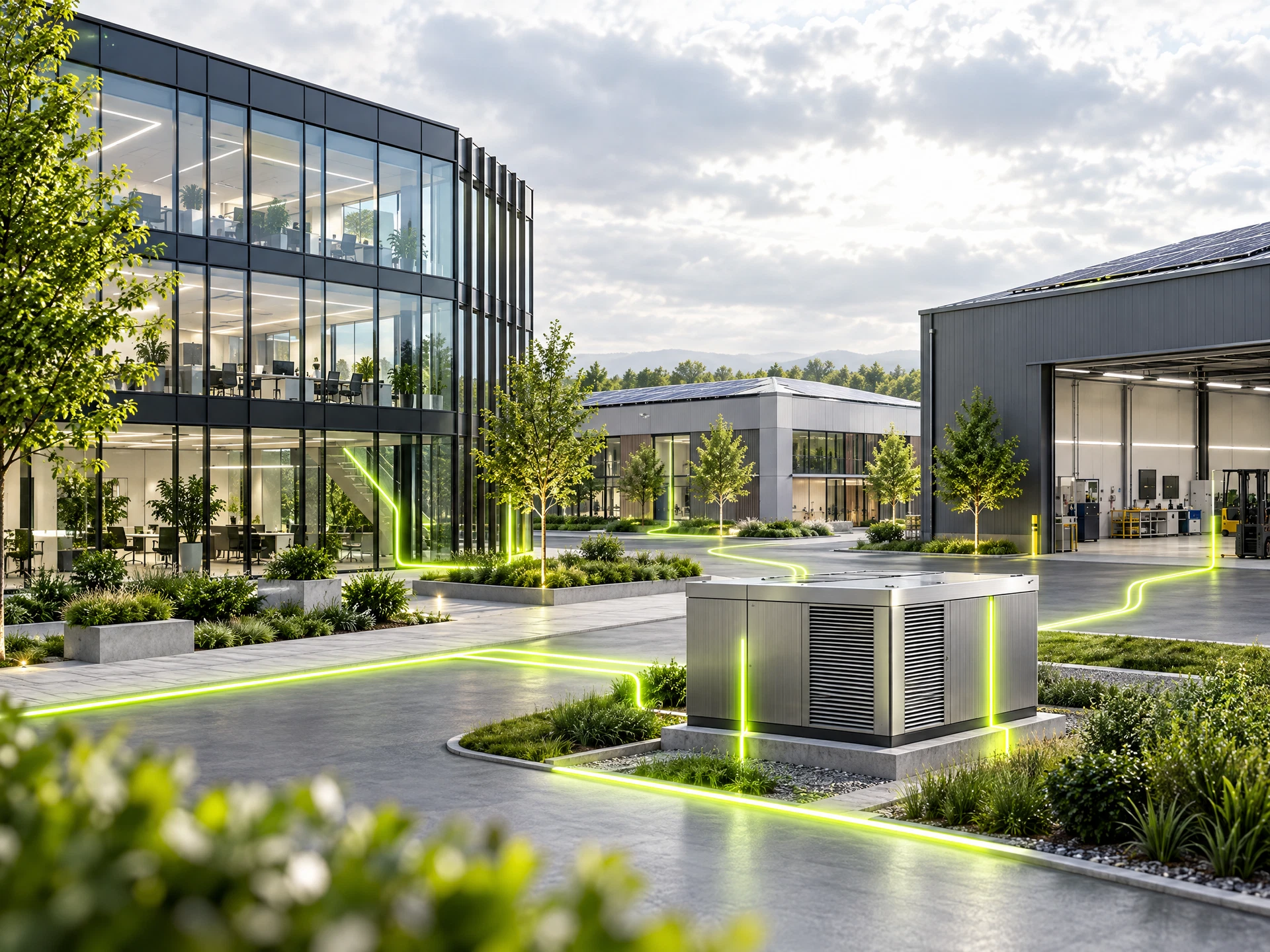 Büro- und Gewerbegebäude mit dezent dargestellter Energieversorgung.