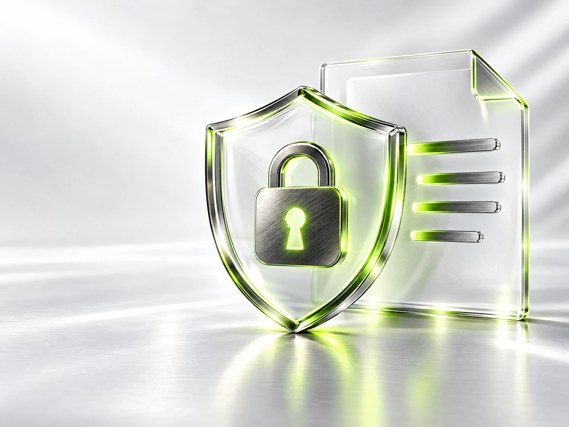 Abstraktes Glasschutzsymbol mit geschlossenem Schloss neben Dokument und geordneten Datenlinien.