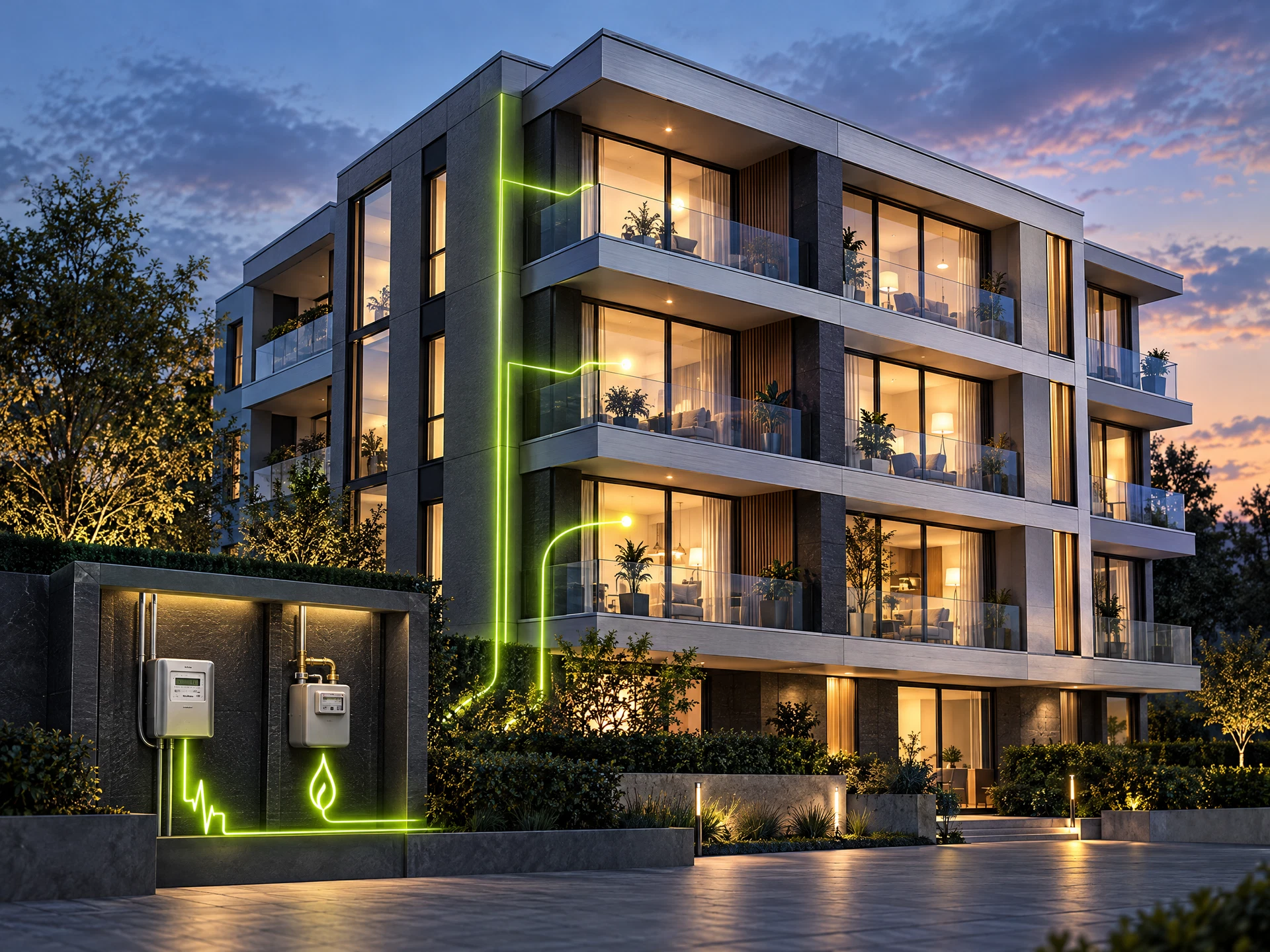 Modernes Mehrfamilienhaus mit Energiezählern und visualisierten Strom- und Gasverbräuchen