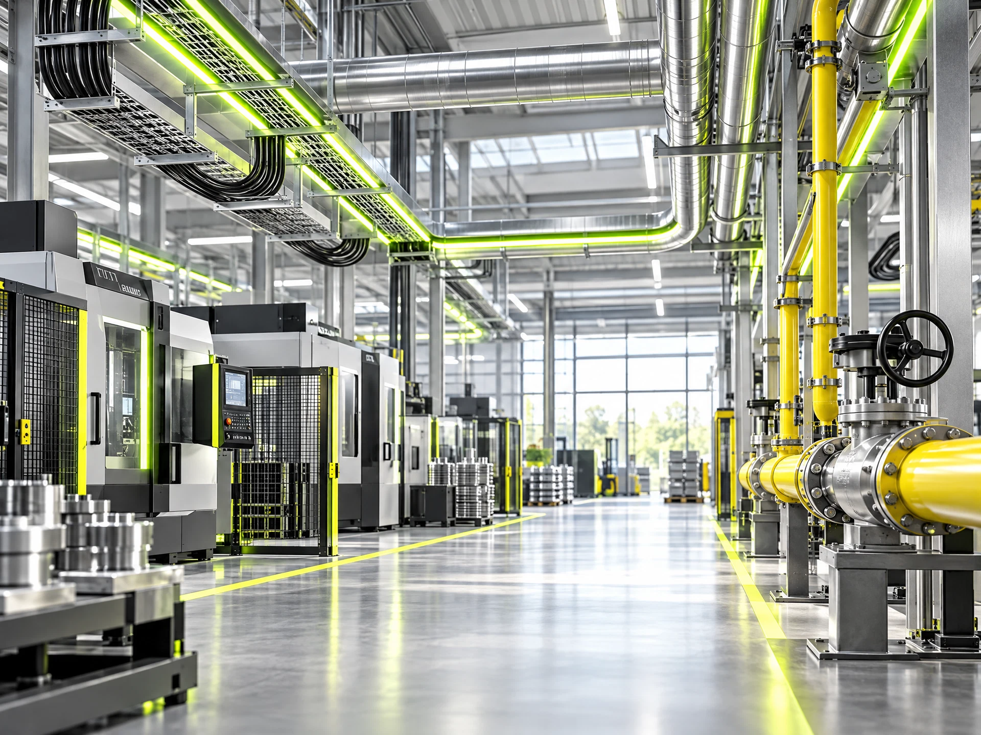 Moderne Produktionshalle mit Maschinen und geordneter Energieverteilung.