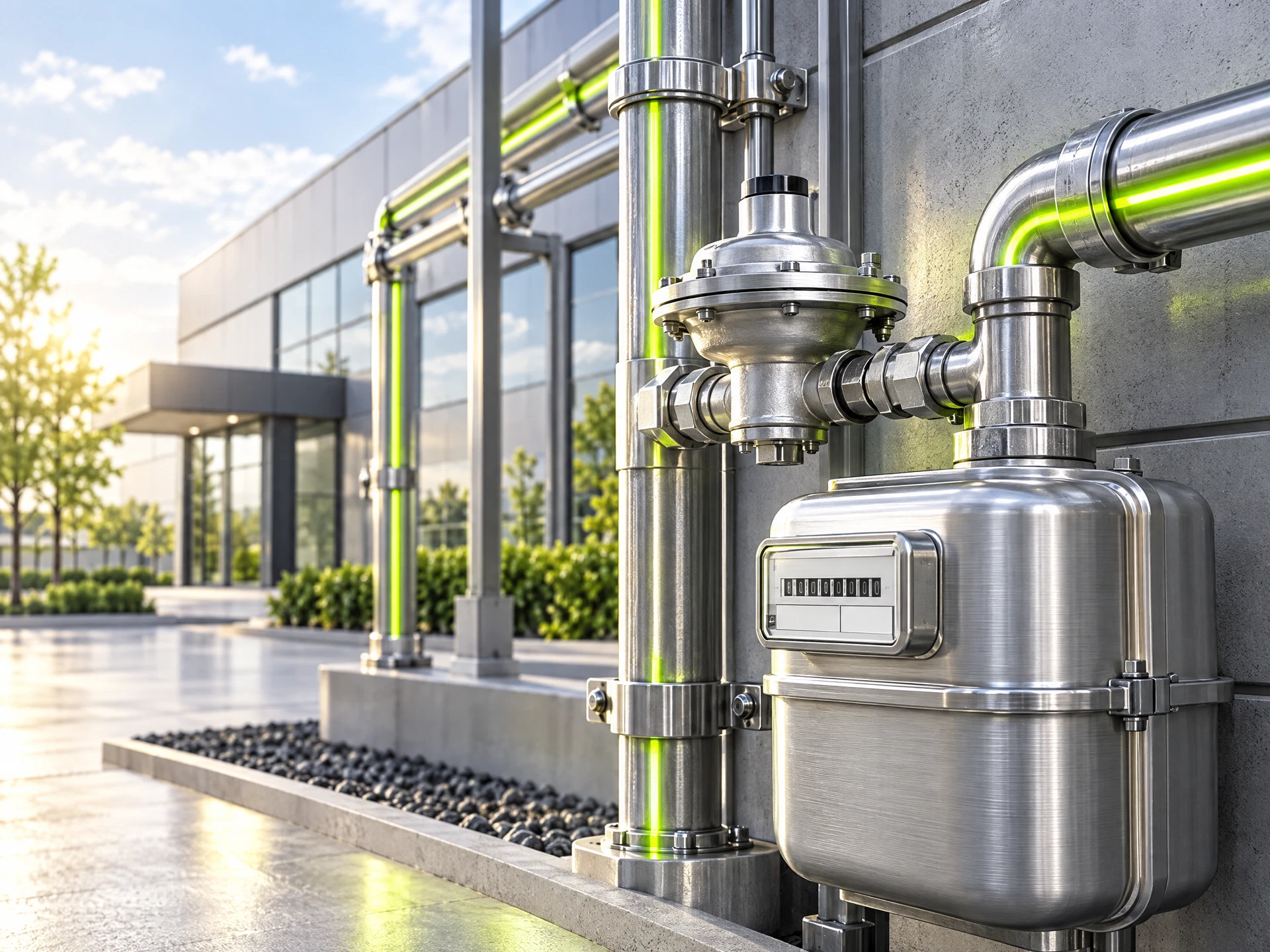 Gewerbegebäude mit sicher geordneten Gasleitungen und silbernem Gaszähler.