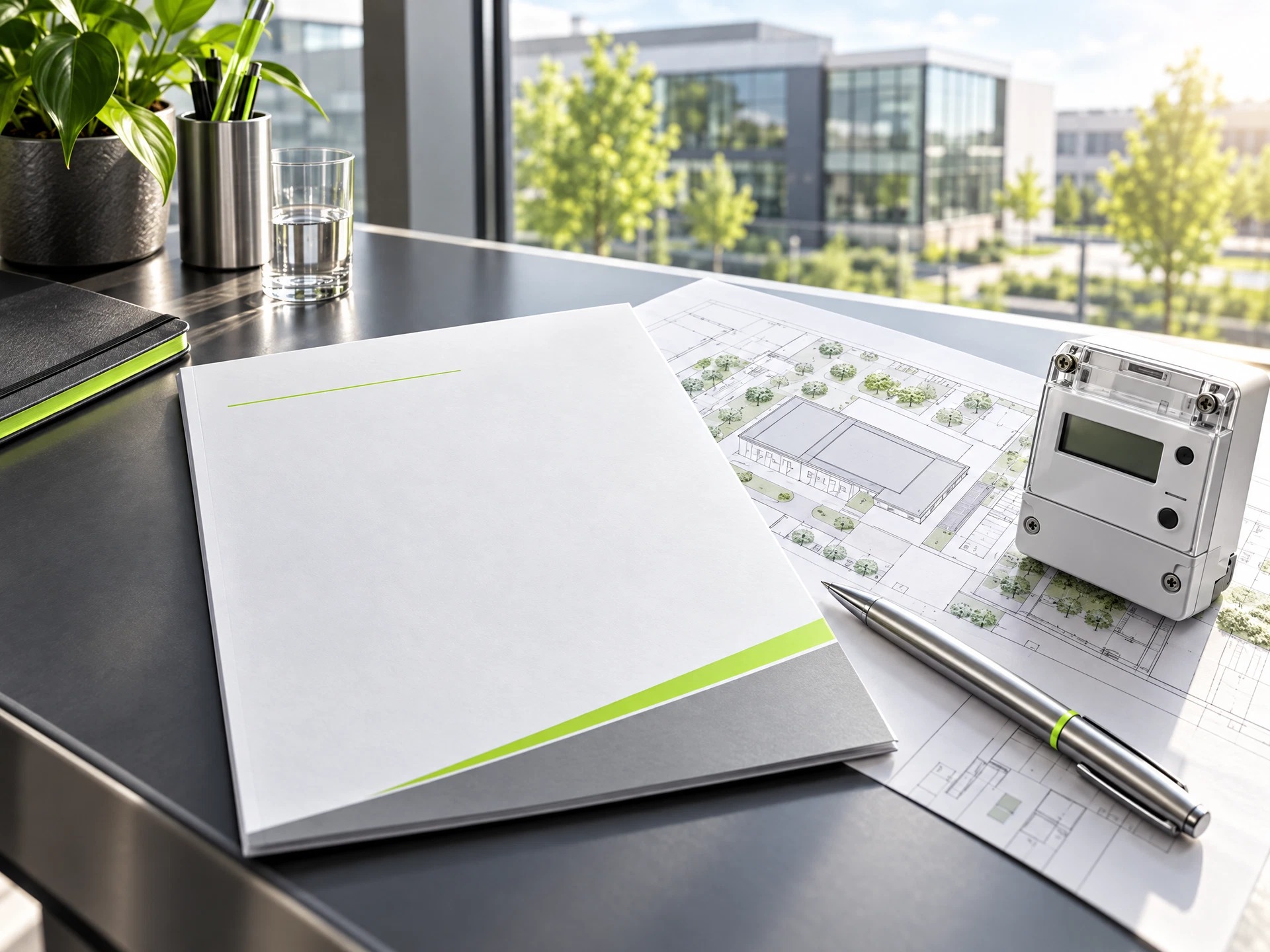 Energieabrechnung und Gebäudeskizze werden auf einem Arbeitstisch geprüft.