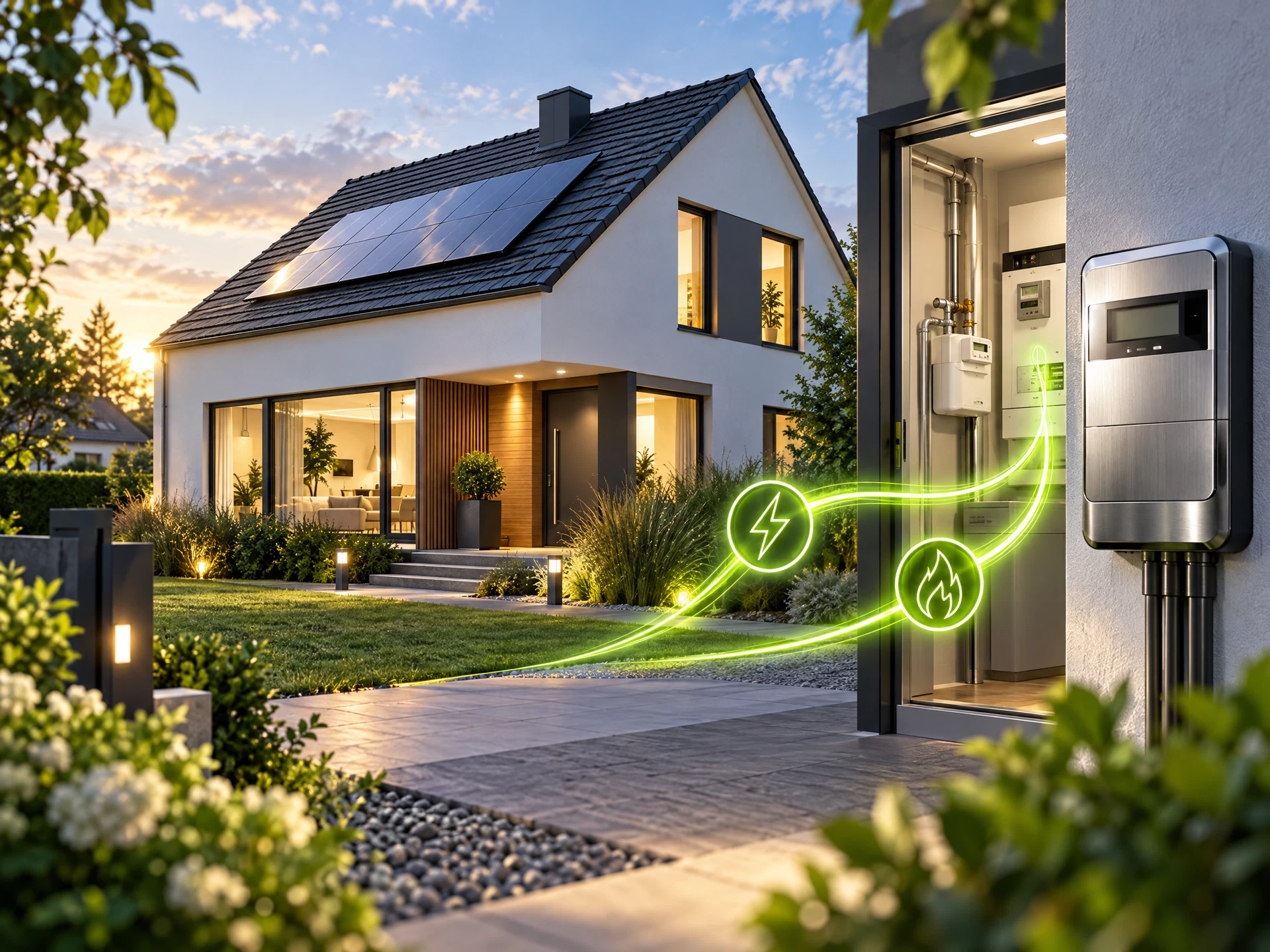 Modernes Einfamilienhaus mit dezent hervorgehobener Strom- und Gasversorgung.