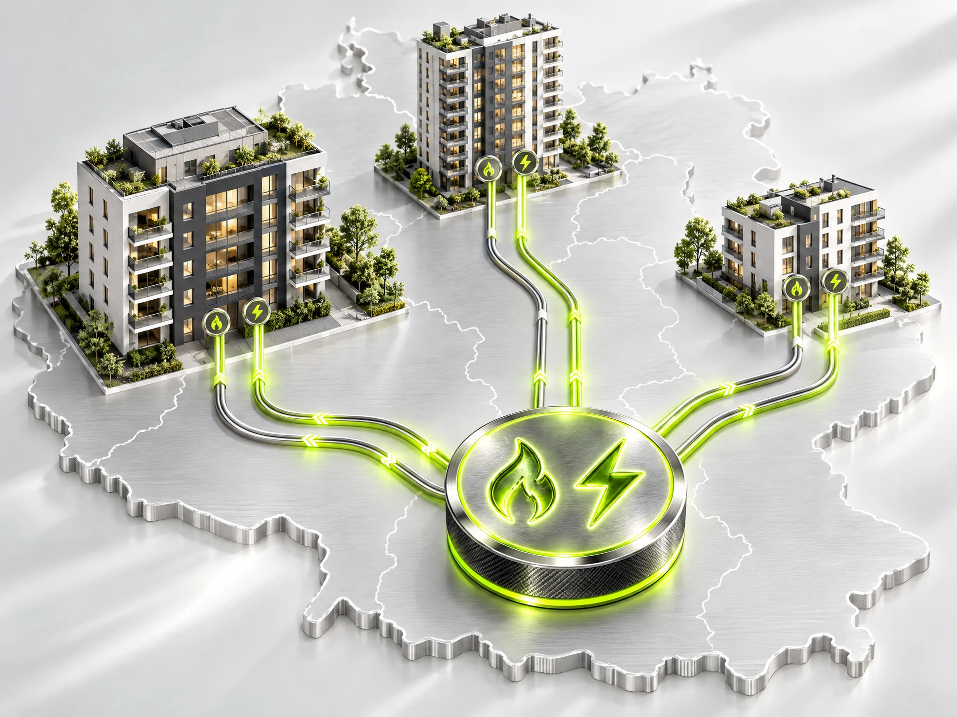 Verschiedene Wohnhäuser auf einer abstrakten Deutschlandkarte mit getrennten Energiepfaden zu einem zentralen Versorgungspunkt.