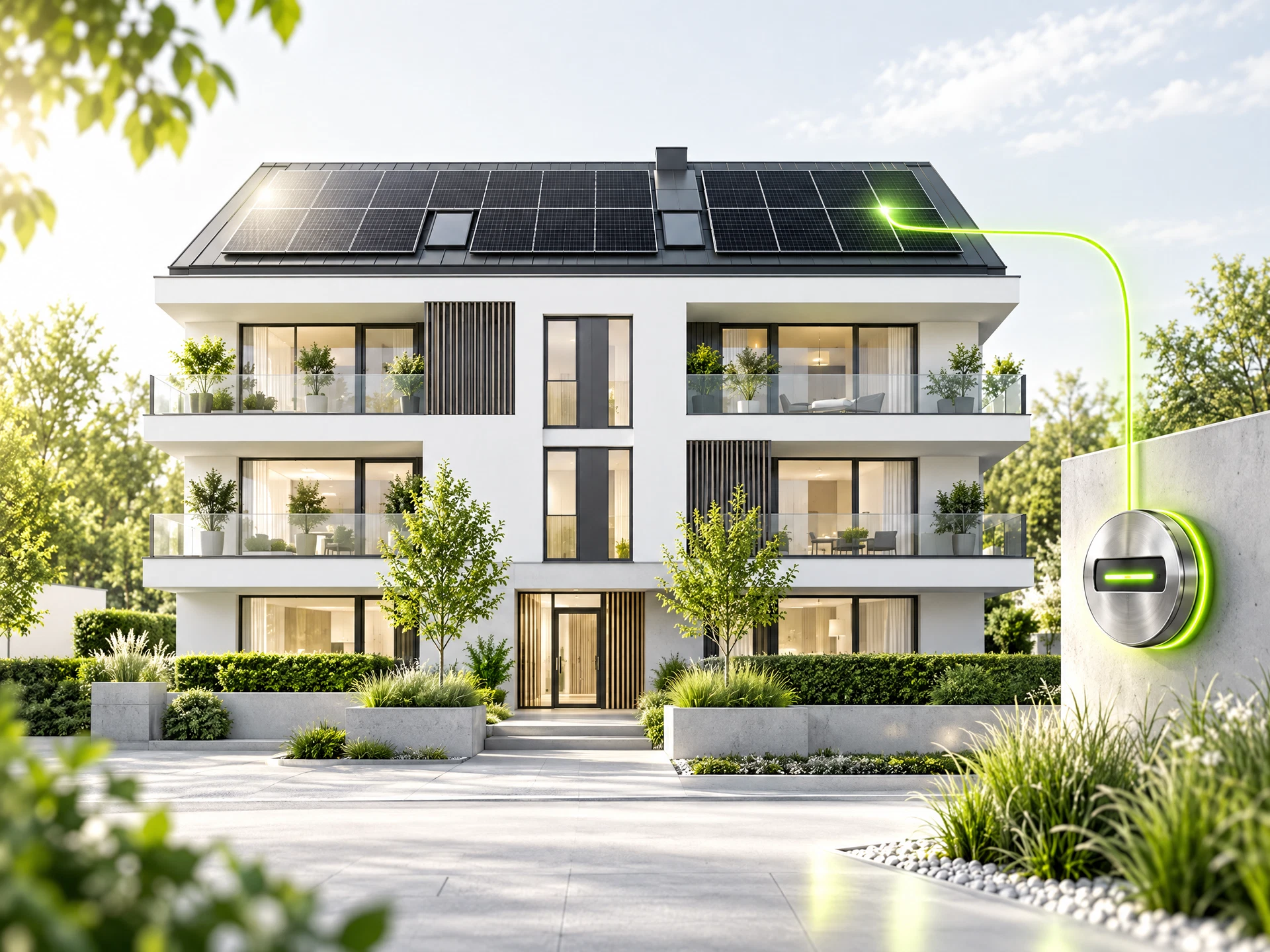 Photovoltaikmodule auf einem modernen Mehrfamilienhaus mit klar sichtbarer Dacharchitektur.