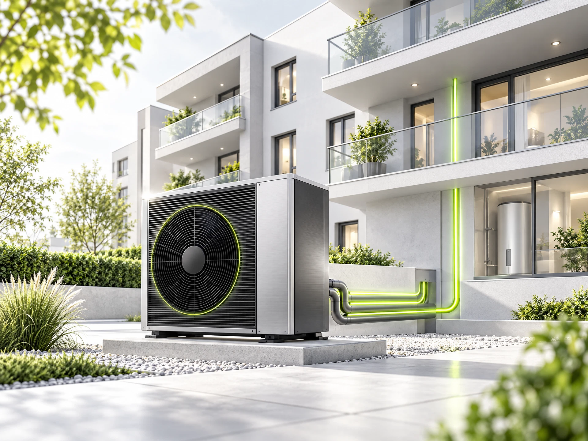 Luft-Wasser-Wärmepumpe neben einem modernen Mehrfamilienhaus.